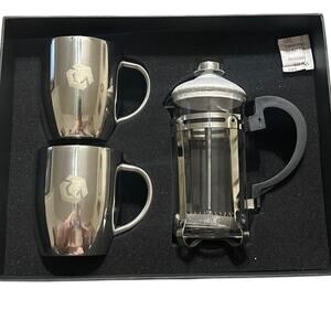 Coffee Glass French Press & 2 stainless steel Dbl walled Insulated Mugs set New